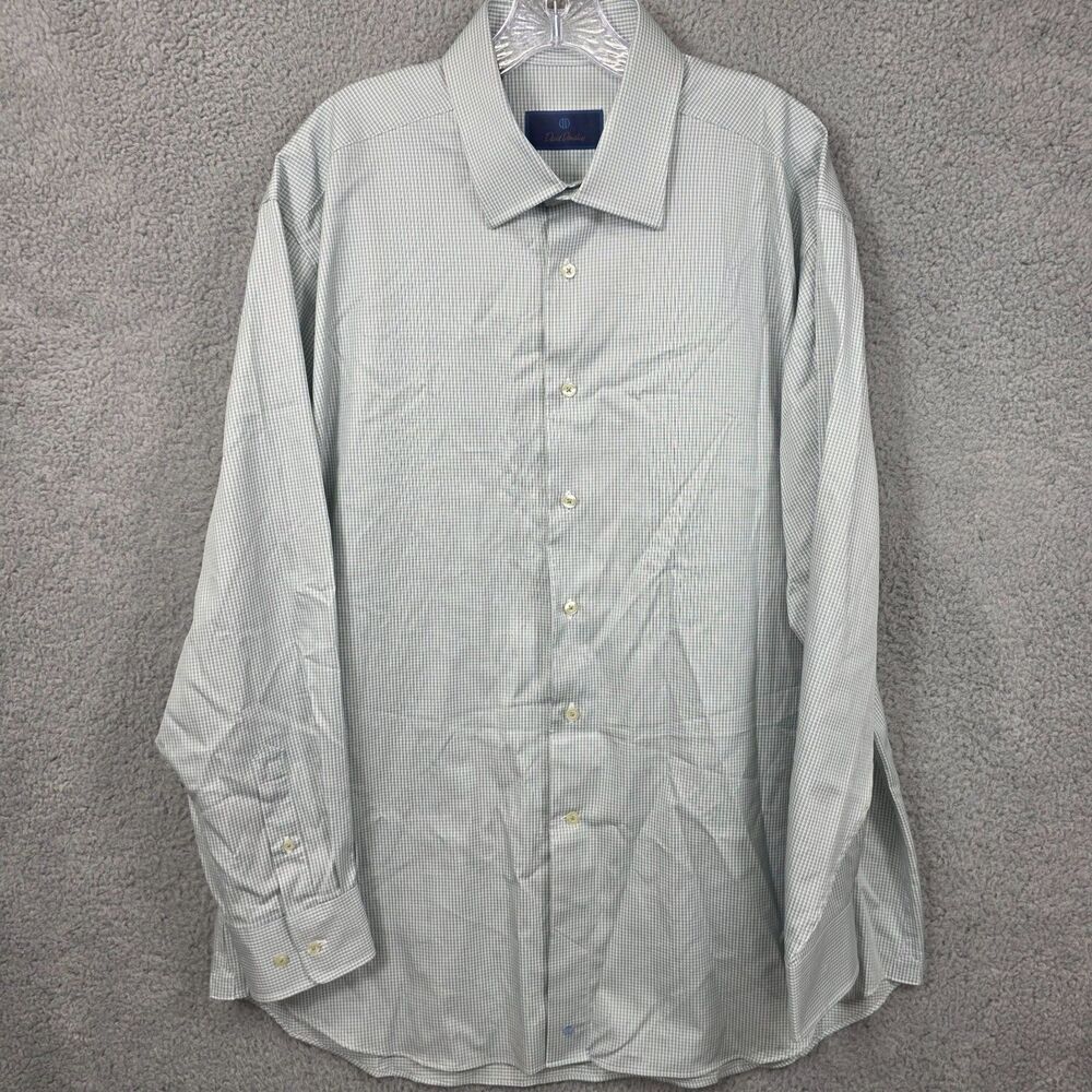 David Donahue Button Up Dress Shirt Mens 17.5 34/35 Green White Micro Check